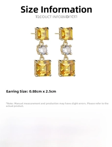 Detail of square yellow zirconia drop earrings with copper base and gold plating