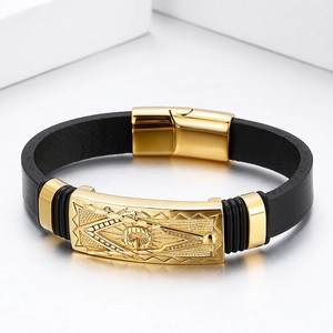 Bracelet pour hommes en cuir tressé noir avec plaque gravée en métal doré et œil