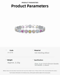 Detailed specs of S925 sterling silver rainbow ring with 5A colorful cubic zirconia stones
