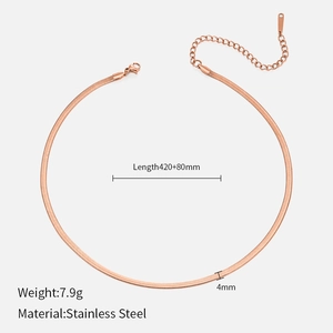 Detail showing 4mm rose gold stainless steel snake chain necklace with length parameters