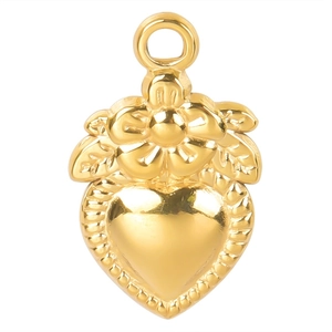 Detailed view of 18k gold plated stainless steel heart pendant with floral engraving