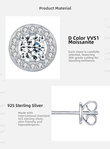 Detailed macro view showing D color VVS1 moissanite diamond setting on S925 silver earring