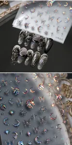 Detailed view of silver laser nail art stickers M-166 with unicorn and moon patterns