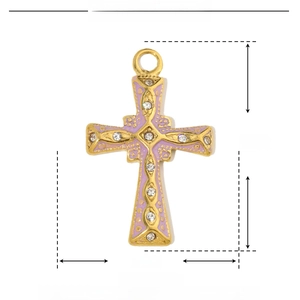 Detail view of a purple enamel cross pendant with rhinestones and technical dimensions