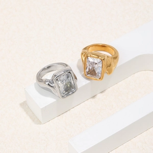 Lava texture stainless steel ring with rectangle zircon in gold and silver finish