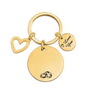 Golden stainless steel keychain with engraved poem round tag and heart pendant on white background
