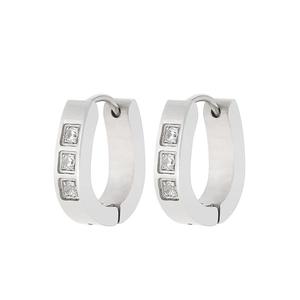 Sleek silver titanium steel huggie earrings featuring three square cubic zirconia stones