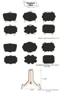 Detailed size chart for 6 assorted mini chalkboard styles with wooden easel stands