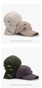 Detail shot of distressed baseball caps in beige, khaki, green, and purple colors