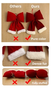 Detail of burgundy velvet Christmas bow with plush white trim and premium thick filling