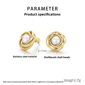 Detailed specs of 17mm gold spiral stainless steel stud earrings with shell beads