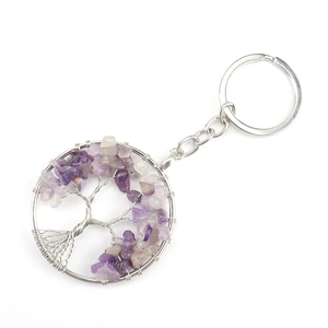 Handmade tree of life keychain with natural amethyst and clear quartz wire wrapped stones