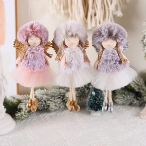 Christmas Angel Plush Doll Pendant Gauze Skirt Sequin Wings Mushroom Hat Hanging Ornament Holiday Festive Decor