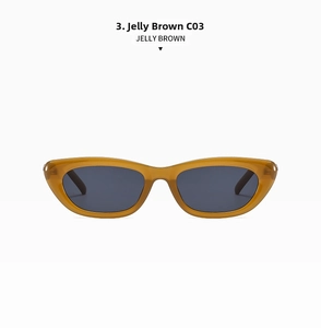 Front view of jelly brown cat-eye sunglasses with dark grey UV protective lenses