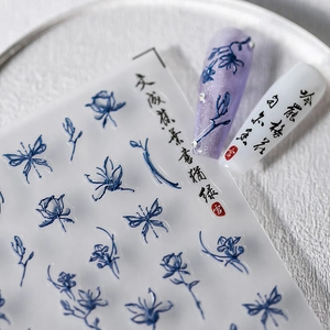 5D embossed nail stickers featuring dark blue floral and butterfly motifs with calligraphy