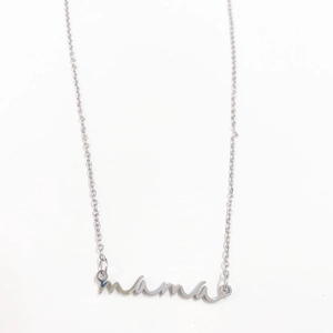 Close-up of polished silver stainless steel mama pendant necklace with fine cable chain