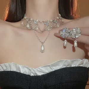 Rhinestone Flower Butterfly Imitation Artificial Pearl Necklace Bracelet Earrings Jewelry With Silver Earring Post French Style