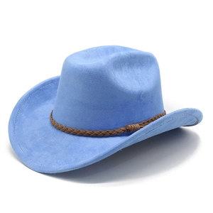Detail view of light blue suede cowboy hat with brown braided leather decorative band