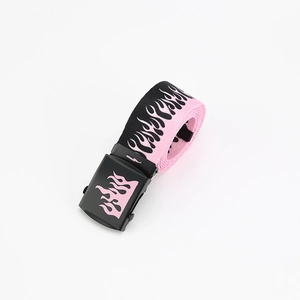 Detail of pink and black flame print canvas belt with a matte black automatic buckle