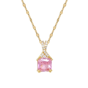 Gold titanium steel necklace with pink square stone pendant and sparkling zircon pavé