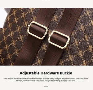 Close-up of adjustable gold hardware buckles and monogram brown leather straps