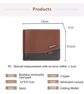 Detailed specs of bi-fold wallet showing 12x9.5x1cm size and striped logo detail