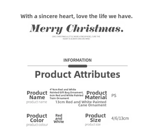 Red and white Christmas ornaments set specifications with candy cane and train sizes