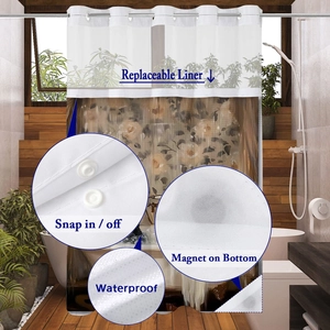 Detail showing snap-in liner and weighted magnetic hem on waffle fabric shower curtain
