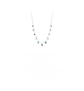 Detail of S925 sterling silver choker featuring colorful round and teardrop crystals