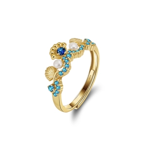 S925 Sterlingsilber Muschel Offener Ring Für Damen Süßwasserperle Blaue Zirkonia Ozean Stil Verstellbarer Mode Fingerschmuck