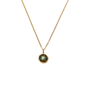 Retro stainless steel necklace with sunburst coin pendant and turquoise stone inlay