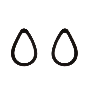 Detail view of pear-shaped matte black stud earrings with minimalist geometric design
