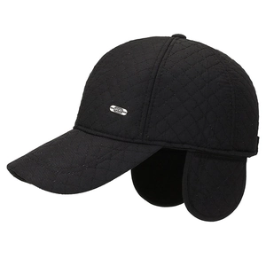 Men's winter baseball cap with ear flaps and quilted design in black color