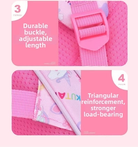 Detail of durable adjustable buckles and reinforced triangular stitching on pink schoolbag