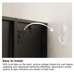 Detail of 4-frame collage photo frame showing easy install twist tabs and wall hook