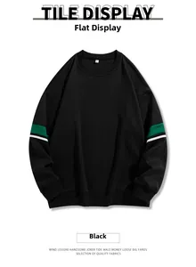 Close-up of crewneck sweatshirt detail with green and white striped sleeves and knit texture