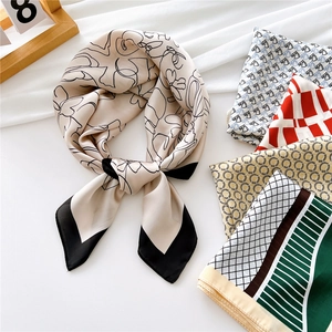 Modern 70cm square satin silk scarves with diverse geometric prints on white background