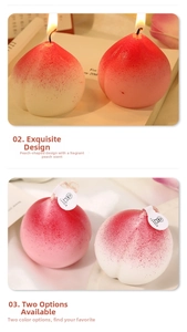 Detail view of pink and cream peach-shaped scented candles with cotton wicks and tags