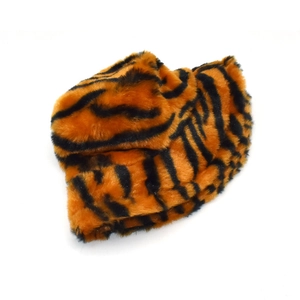Winter faux rabbit fur bucket hat featuring a stylish orange and black tiger print design