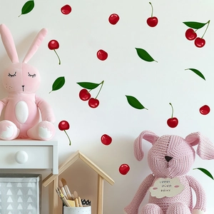 Wandsticker Set mit roten Kirschen und grünen Blättern für Kinderzimmer Wanddekoration