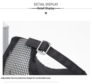 Detail view of the adjustable metal strap and breathable mesh back on this black cap