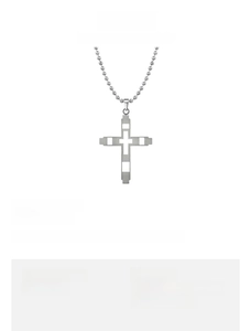 Detail view of silver hollow cross pendant with 60cm bead chain made of titanium steel