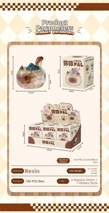 Detailed size specifications for cat crystal blind box resin figures and packaging