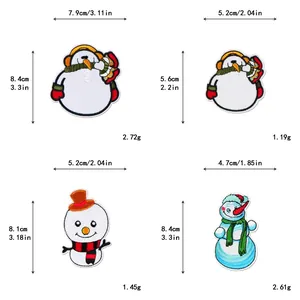 Detailed size and weight chart for four unique snowman embroidery patches for DIY projects