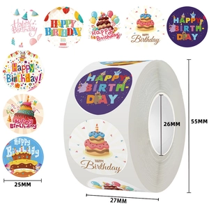 Detailed dimensions of 25mm Happy Birthday sticker rolls for gift packaging and decoration