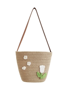 Handmade woven cotton rope bag with 3D crochet flowers and slim brown leather strap