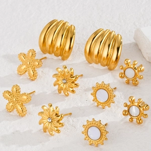 Detailed close-up of golden stainless steel irregular floral and ribbed earring set