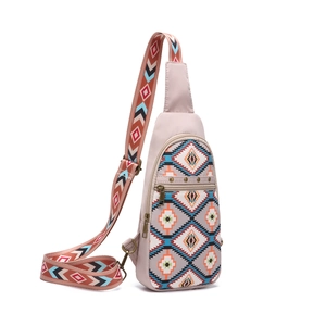 Detail of bohemian Aztec print crossbody bag with multiple zippers and adjustable strap