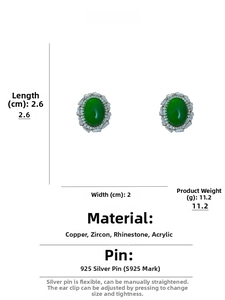 Detailed view of green oval acrylic earrings with white zircon and S925 silver needles