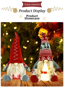 Detail of lit Christmas gnomes with knitted hats and warm LED lights on a wooden surface